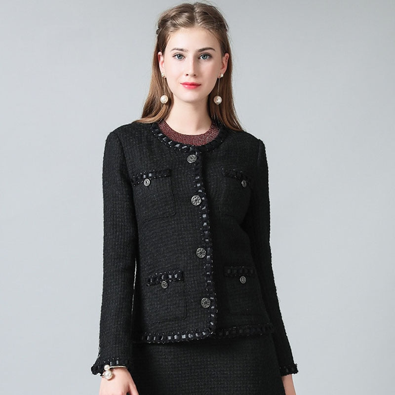 Fashion Elegant Ladies Runway Luxury Black Tweed Jacket Round Neck Long Sleeved Multi Pockets Cuffs With Buttons Casacos - LiveTrendsX