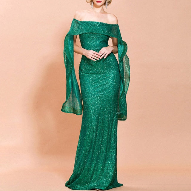 Golden Evening Dress Off The Shoulder Mermaid Floor Length Sequins Sleeveless Wedding Party Formal Evening Dresses - LiveTrendsX