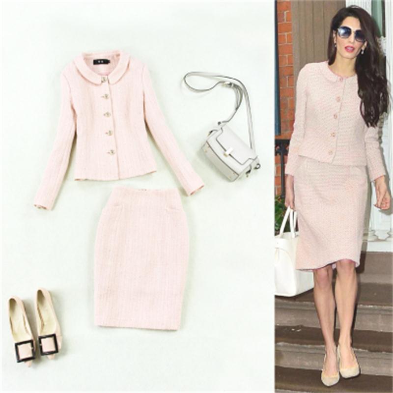 Fashion suit female autumn / spring new large size woolen tweed Pink Top Jacket + Bag Hip Skirt small Fragrance Set - LiveTrendsX