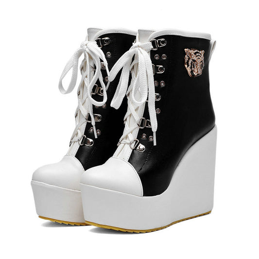 B2-7 Size 32-43 Female PU Leather Cross-tied Boots Ladies Platform Ankle High Boot Woman Wedges Shoes Women Fashion Party Shoe - LiveTrendsX