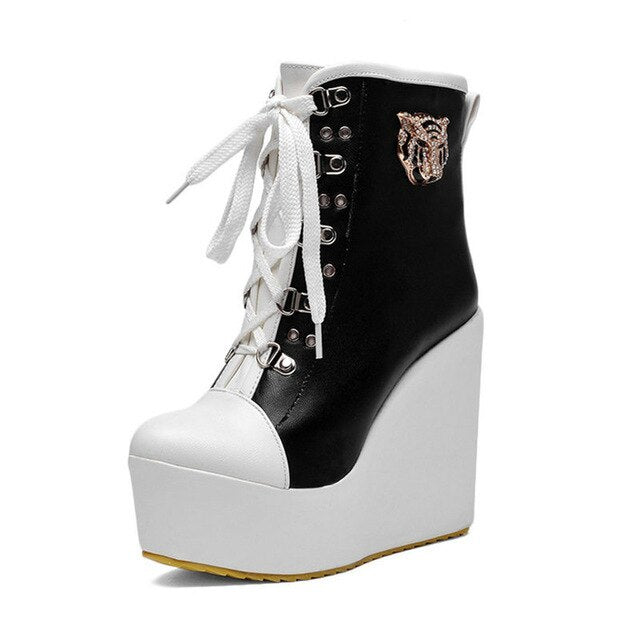 B2-7 Size 32-43 Female PU Leather Cross-tied Boots Ladies Platform Ankle High Boot Woman Wedges Shoes Women Fashion Party Shoe - LiveTrendsX
