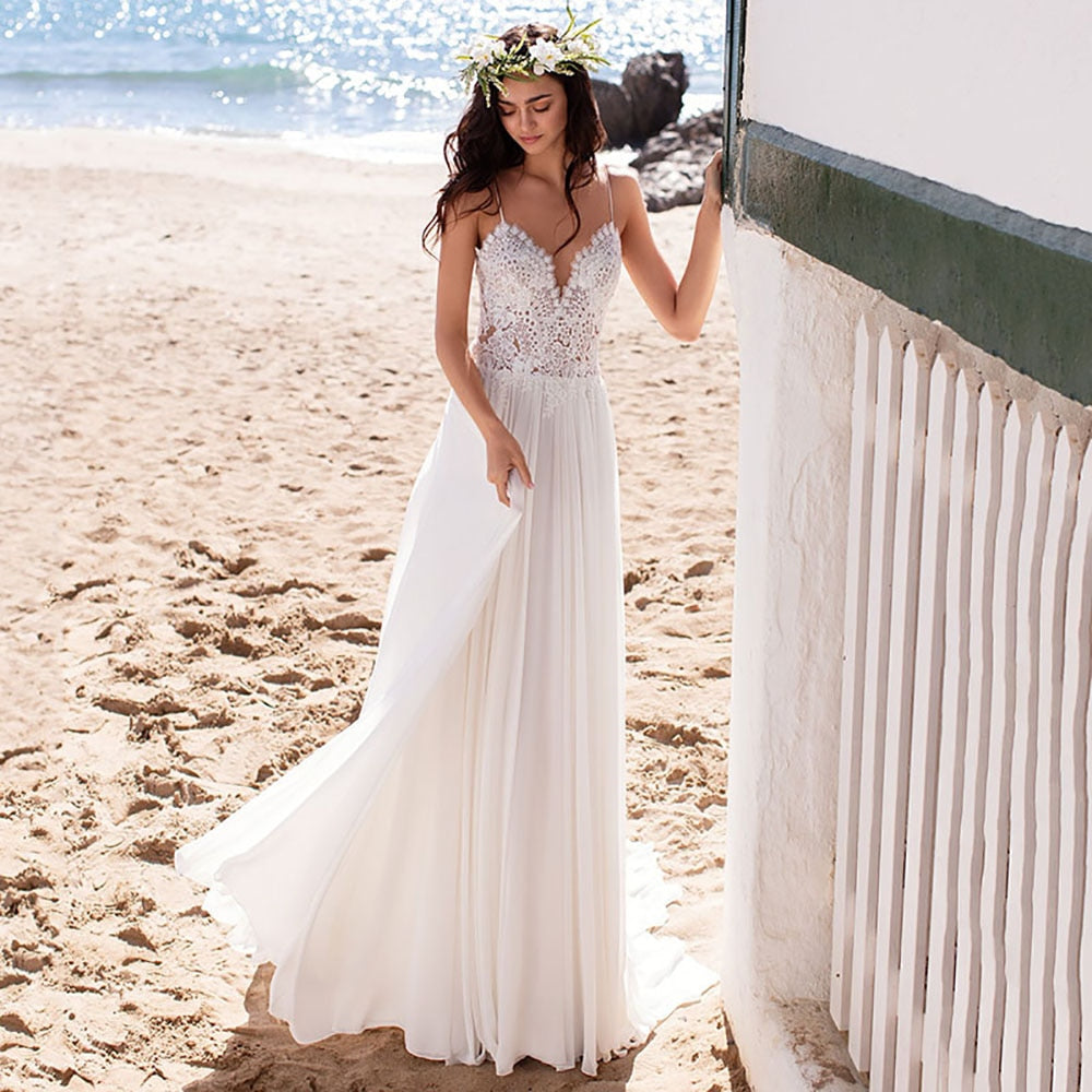Beach Wedding Dress Boho vestido de noiva Backless Robe de mariee Vintage Appliques Bridal Dress Chiffon Wedding Gowns - LiveTrendsX