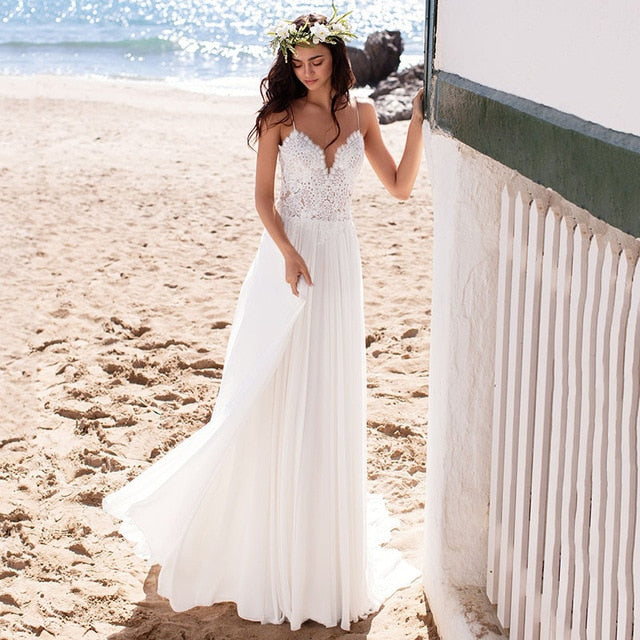 Beach Wedding Dress Boho vestido de noiva Backless Robe de mariee Vintage Appliques Bridal Dress Chiffon Wedding Gowns - LiveTrendsX