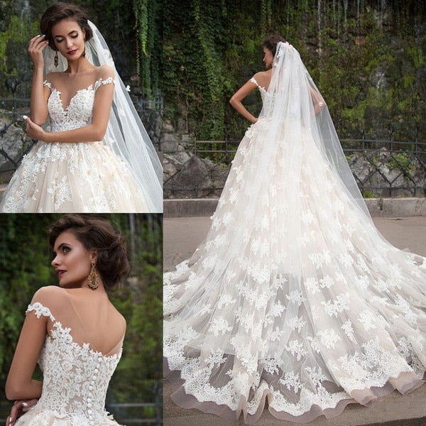 Wedding Dresses 2019 Ball Gown Off Shoulder Full Lace Appliques Champagne Saudi Arabic Dubai Vestidos De Hajab Bridal Bride Gown - LiveTrendsX