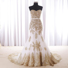 Load image into Gallery viewer, Sexy Mermaid White And Gold Wedding Dress Cheap Real Photos Sweetheart Chapel Train Applique Lace Bridal Dress For Women Girls - LiveTrendsX

