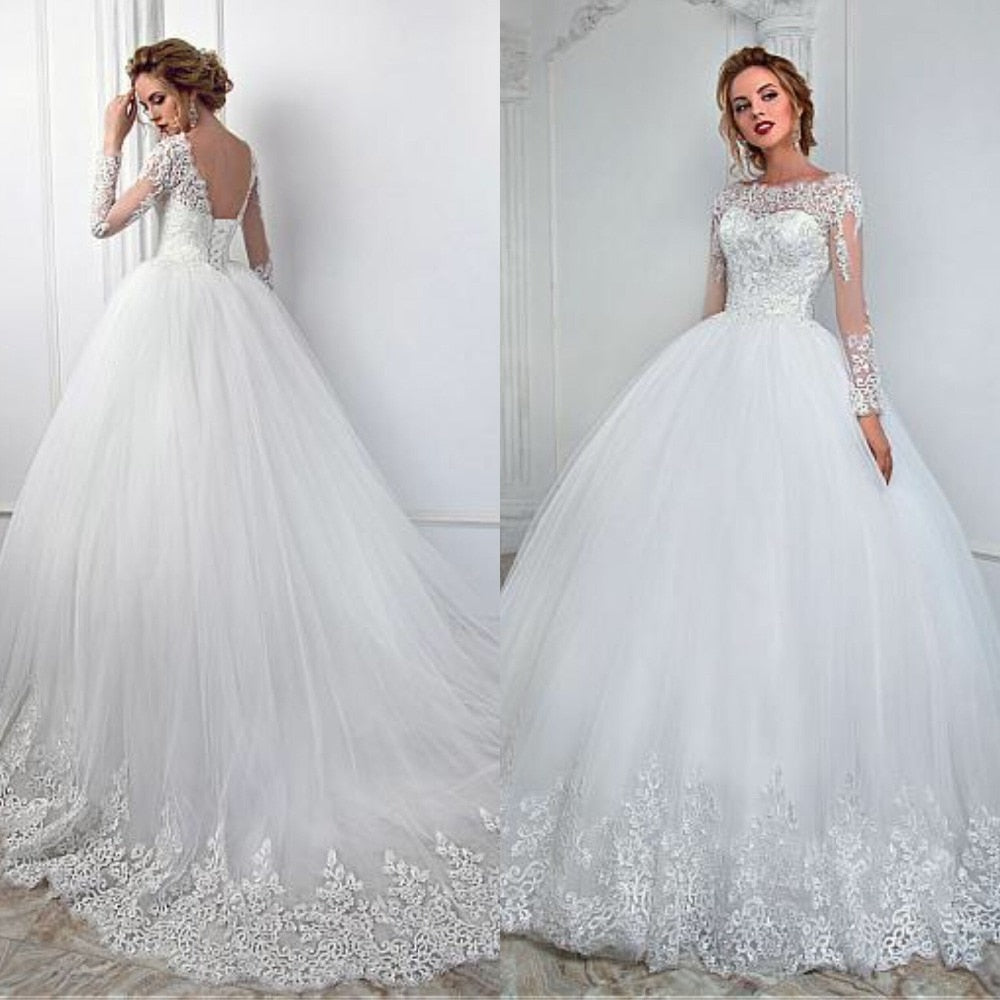 Elegant White Lace Long Sleeve Wedding Dress Ball Gown See Through Design Appliques Princess Bridal Dress 2019 Lace up Back - LiveTrendsX
