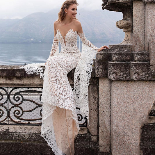 Lace Wedding Dresses Mermaid  Flare Sleeves Princess Bride Dresses Elegant Design Wedding Gowns - LiveTrendsX