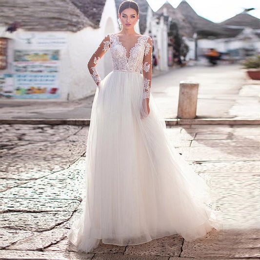 Winsome Tulle V-Neckline A-line Wedding Dresses Long Sleeves Elegant Lace Bridal Dress vestido noiva sereia - LiveTrendsX