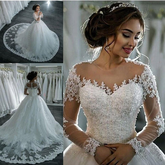 Vestidos De Noiva 2019 Elegant A Line Long Sleeve Wedding Dress Tulle Appliques Beaded Princess Lace Wedding Gown Robe De Mariee - LiveTrendsX