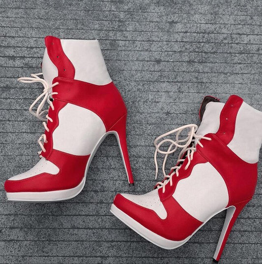 Plus Size 36-47 Lace Up Booties Ladies Round Toe Thin High Heels Shoes Woman Autumn Winter Party Ankle Boots Women - LiveTrendsX