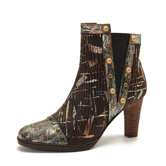 Womens Boots Gold Genuine Leather Splicing Cozy High Heel Ankle Boots Elegant Shoes Women Shoes Botas Mujer - LiveTrendsX