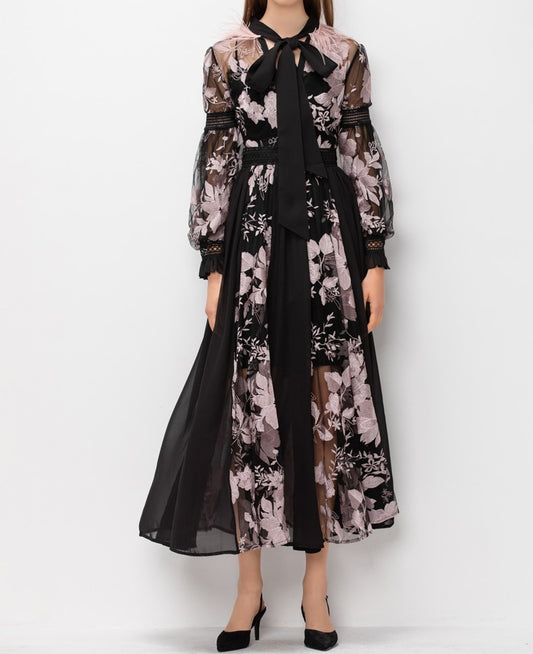 Patchwork feathers retro woman party long dress