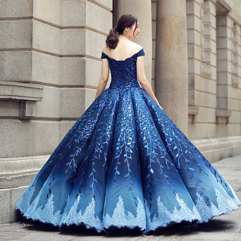 swollen evening dress for women off the shoulder ball gown lace formal dresses with blue - LiveTrendsX