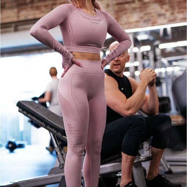 Women Seamless Gym Sets High Waist Gym Mesh Leggings Shirts Suit Long Sleeve Fitness Workout Sports Running Thin Sport Sets - LiveTrendsX