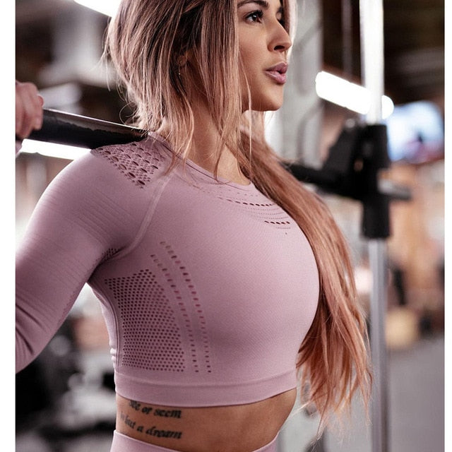 Women Seamless Gym Sets High Waist Gym Mesh Leggings Shirts Suit Long Sleeve Fitness Workout Sports Running Thin Sport Sets - LiveTrendsX