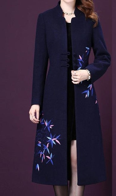 Winter Fall Fashion Women Mandarin Collar Blue Black Long Woolen Coat , Female Womens Embroidery Diamonds 4xl 5xl Coats Overcoat - LiveTrendsX