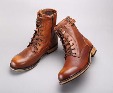 vintage martin boots for men  cowhide geninue leather brown red round toe ankle booties lace up zipper short boot man outdoor - LiveTrendsX