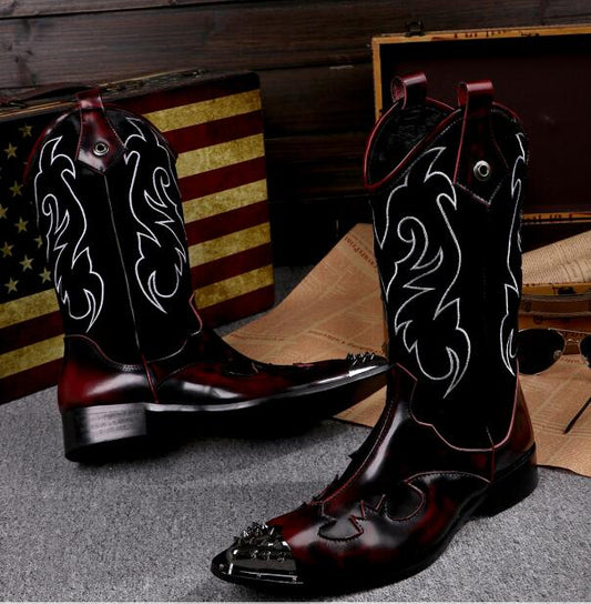 British Style Genuine Leather Men Long Boots Winter Rivets Cowboy Long Boots Big Size Fashion Men Mid Calf Boots - LiveTrendsX