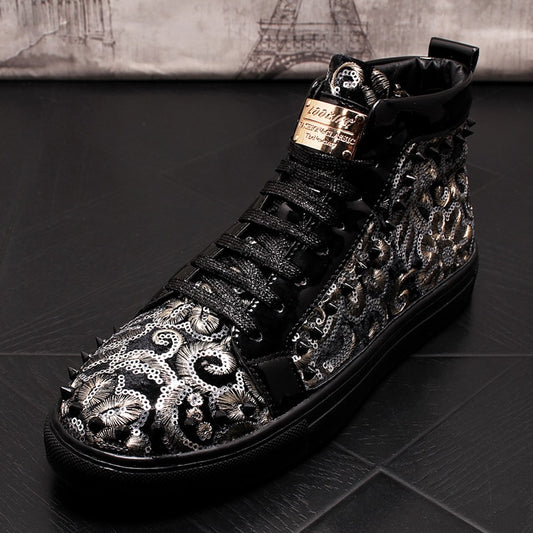 Men's High-top Suede Casual Shoes Men Top Fashion Sneakers Lace-up High Style Solid Colors Wild Men's Rivet Embroidered Shoes - LiveTrendsX