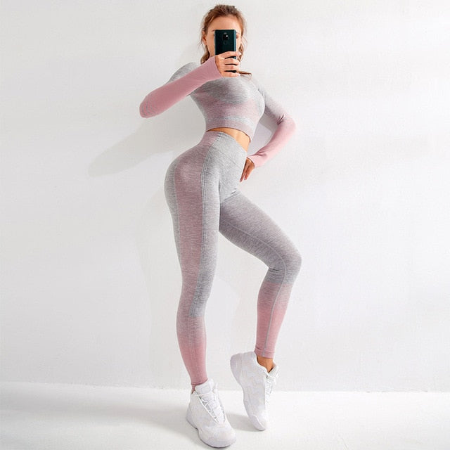 Seamless Female Yoga Set Long Sleeve Top High Waist Belly Control Sport Leggings Gym Clothes Seamless Sport Suit canbe alone buy - LiveTrendsX