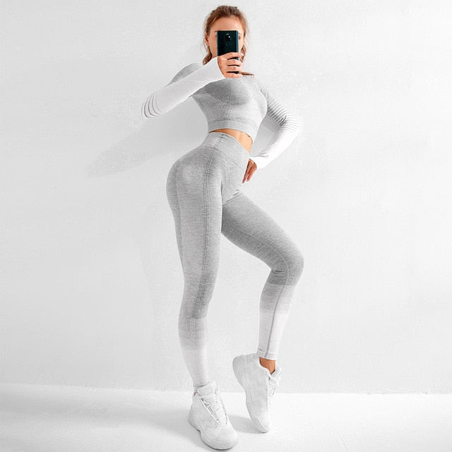 Seamless Female Yoga Set Long Sleeve Top High Waist Belly Control Sport Leggings Gym Clothes Seamless Sport Suit canbe alone buy - LiveTrendsX