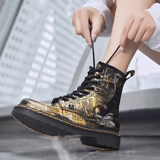 Gold British Genuine Leather Women Boots  Martins Boots Female Autumn Winter Shoes Woman Low Heel Motorcycle Boots - LiveTrendsX