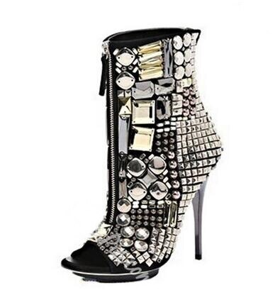 Sexy Crystal Zipper Front Ankle Boots For Women Peep Toe Thin Heels Platform Glatiator Sandals Boots Sexy Lady Ridding Boots - LiveTrendsX