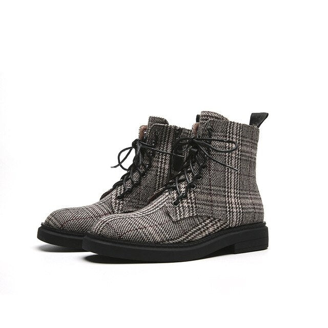 Chaussures Femme Ankle Boot For Women Checkered Female Shoes Lace-up Botas Mujer Winter Chaussures Femme Round Toe Ladies Boots Med Heels - LiveTrendsX