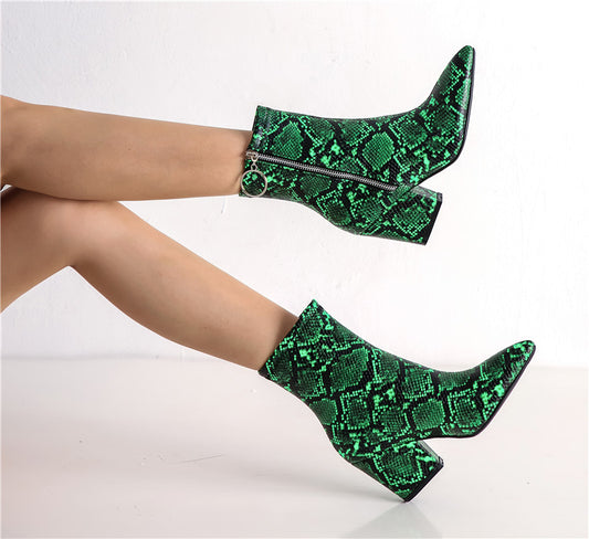 Snake Print Yellow Green White High Heels Womens Shoes Zipper Fashion Retro Gothic Ankle Boots Female Winter Bootie 2019 - LiveTrendsX