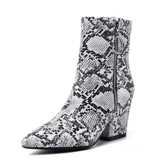 Snake Print Yellow Green White High Heels Womens Shoes Zipper Fashion Retro Gothic Ankle Boots Female Winter Bootie 2019 - LiveTrendsX