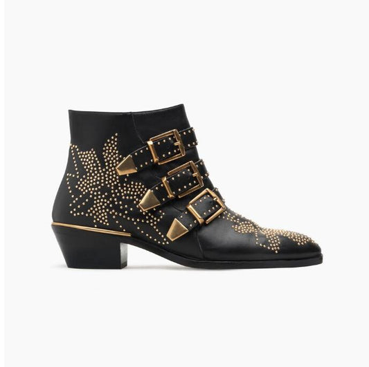 New Ankle Boots Women Round Toe Rivet Flower Boots Susanna Studded Genuine Leather Luxury Brand Velvet Boots Zapatos Mujer - LiveTrendsX