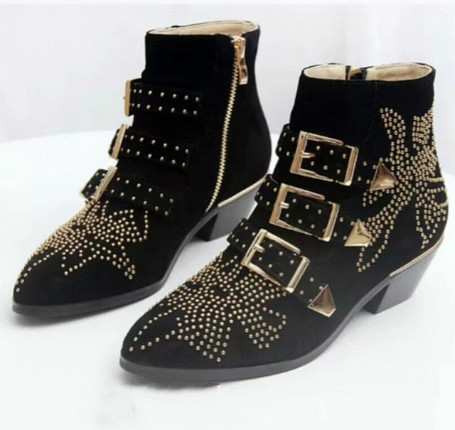 New Ankle Boots Women Round Toe Rivet Flower Boots Susanna Studded Genuine Leather Luxury Brand Velvet Boots Zapatos Mujer - LiveTrendsX