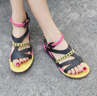 Handmade Women Summer Beach Flat Sandals Vintage Yellow Studded Casual Sandalias Femmes Rope Strap Ladies Outside Footwear Shoes - LiveTrendsX