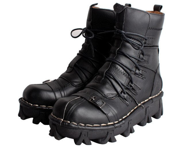 Men's Cowhide Genuine Leather Work Boots Military Combat Boots Gothic Skull Punk Motorcycle Martin Boots - LiveTrendsX