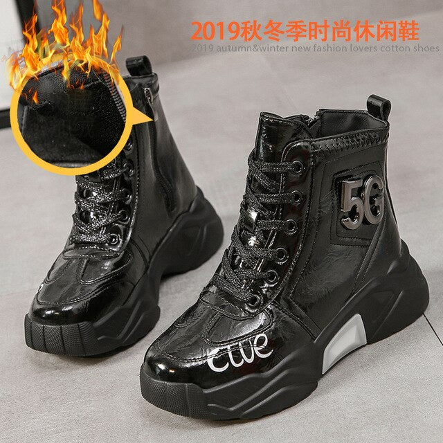 Platform Women Boots 2019 Winter Snow Boots Female Boots Bright Leather Warm Lace Flat with Women Shoes Tide Botas Mujer - LiveTrendsX