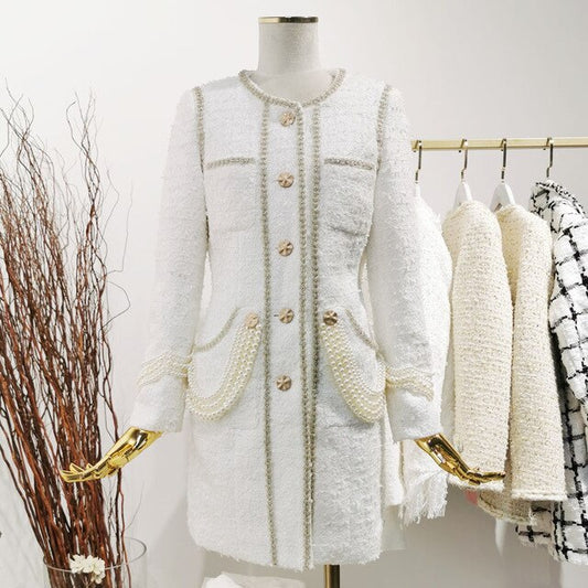 Autumn Fashion Designer Women Luxury Beads O-neck Tweed Coat Long Sleeve Elegant Fashion Party Overcoat Outwear - LiveTrendsX