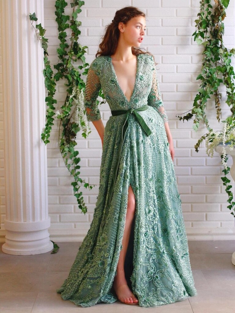 Green Muslim Evening Dresses A-line V-neck 3/4 Sleeves Lace Pearls Slit Islamic Dubai Saudi Arabia Long Formal Evening Gown - LiveTrendsX