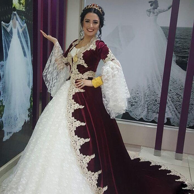 Unique White and Burgundy Muslim Wedding Dresses Velvet Overskirt Court Train Flare Long Sleeves Abric Dubai Wedding Gown - LiveTrendsX