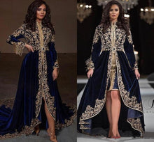 Load image into Gallery viewer, Navy Blue Lace Beaded  Arabic Caftans Evening Dresses High Neck Velvet Prom Dresses Long Sleeves Formal Party gown - LiveTrendsX
