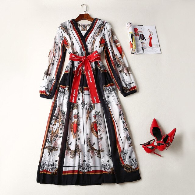streetwear poker printing Elegant Casual holiday party dress robe maxi long dress New women's spring and summer - LiveTrendsX