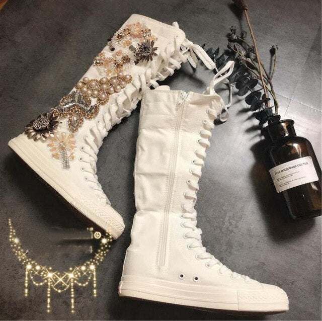 Women Shoes Woman Boots Flat Mid-calf Boots Fashion Beaded Canvas Shoes Autumn New Rhinestones with White Thin Booties - LiveTrendsX