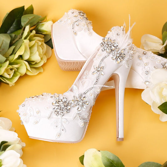autumn new white rhinestone lace waterproof platform wedding shoes satin shallow mouth stiletto feather bride high heels - LiveTrendsX