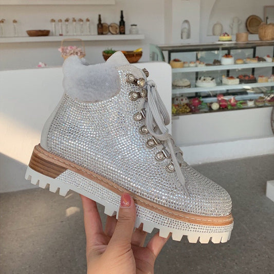 Luxury Bling Bling Crystal Motorcycle Boots Winter Genuine Leather Natural Fur Snow Boots Silver Black Pink Combat Shoes Women - LiveTrendsX