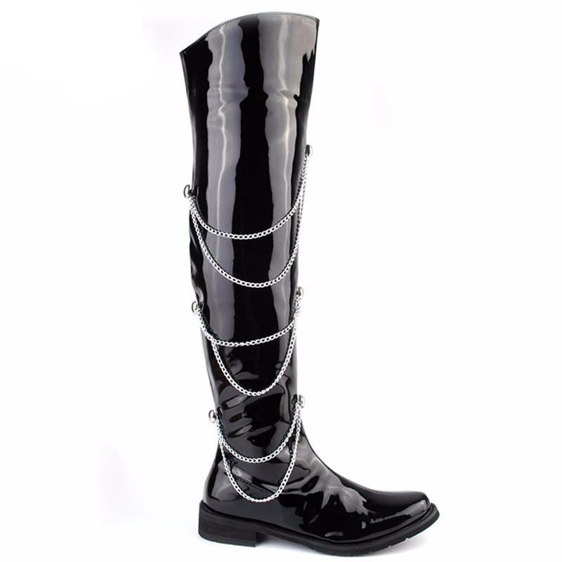 New Rock Punk Style Stage PU Leather Chain Long Boots Men Fashion Black Over-The-Knee Motorcycle Boots Pointed Toe Shoes - LiveTrendsX