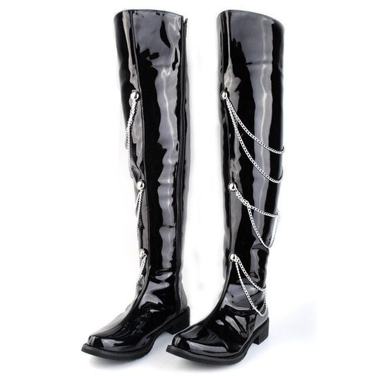 New Rock Punk Style Stage PU Leather Chain Long Boots Men Fashion Black Over-The-Knee Motorcycle Boots Pointed Toe Shoes - LiveTrendsX