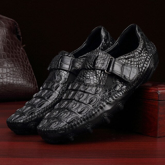 Fancy Genuine Crocodile Skin Soft Rubble Sole Men's Flat Shoes Authentic Exotic Alligator Leather Hook and Loop Male Black Shoes - LiveTrendsX