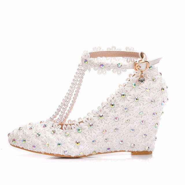 Sweet Ankle Strap Shoes Women Wedges High Heel T Beading Strap Bowknot Wedding Party Princess Pumps White Plus Size - LiveTrendsX