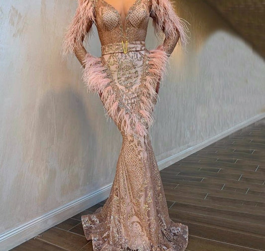 Rose Gold Feathers Long Sleeves Evening Dresses 2020 Dubai Luxury Mermaid Sparkle Evening Gowns - LiveTrendsX
