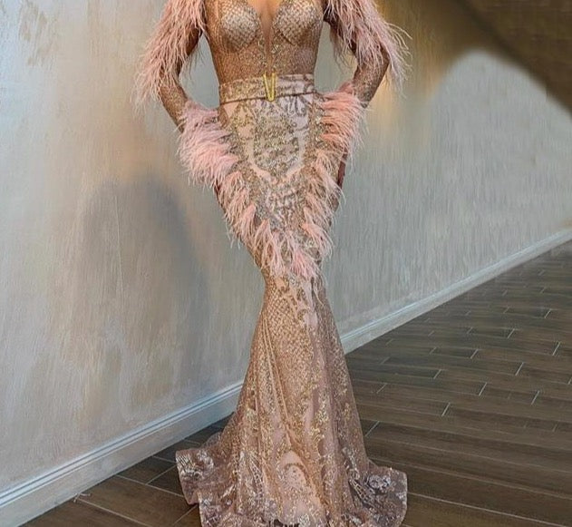 Rose Gold Feathers Long Sleeves Evening Dresses 2020 Dubai Luxury Mermaid Sparkle Evening Gowns - LiveTrendsX