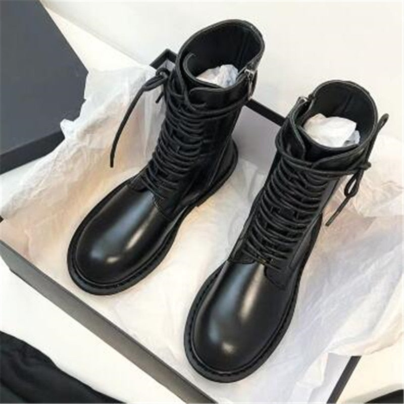 Leather Boots Autumn Winter Ankle Boots Round Toe Women Shoes Lace Up Boots Female Shoes Zip Black Med Heel Martin Short Boots - LiveTrendsX